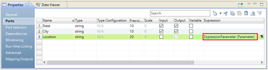 This image shows the Ports tab of the Expression transformation. The port expression for the output port Location shows the expression parameter. 
			 