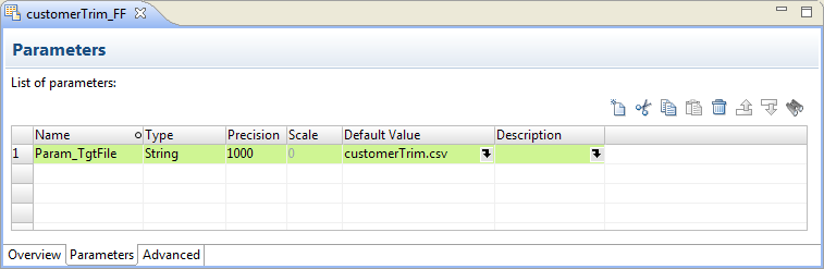 The Parameters tab of the customerTrim_FF flat file data object lists the parameters in the data object. The tab shows the Param_TgtFile parameter. 
			 