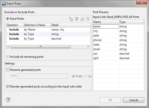 The Input Rules dialog box shows three input rules defined in the Include or Exclude Ports area. The first rule is to include the ports name and city, the second rule is to include all ports by type string, and the third rule is to include all ports by type decimal. The Reorder generated ports according to the input rule order option in the Settings area is selected. Port Preview area displays the generated ports according to the input rule order. 
		  