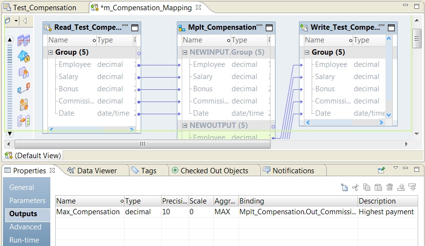 The mapping Outputs view contains the Max Compensation mapping output. The type is decimal, length is 10. The Binding field shows each mapplet output separated by commas. 
		  