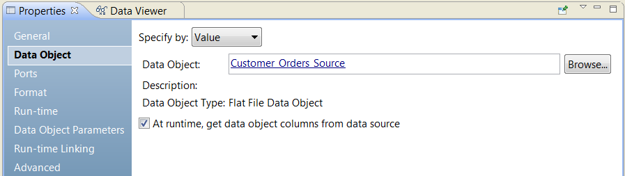 The Data Object tab shows the Specify By option, the data object name, the data object description, and the type of data object. The tab has a checkbox that enables the option At runtime, get data object columns from data source 
		  