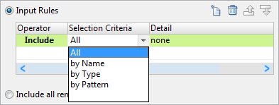 Input Rules contain three columns, Operator, Selection Criteria, and Detail. You can choose All, by Name, by Type, or by Pattern from the Selection Criteria column.
				  