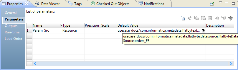 The Parameters tab of the mapping lists the parameters used in the mapping with details such as the parameter name, type, precision, scale, default value, and description. The tab shows the Param_Src parameter of type resource. 
				  