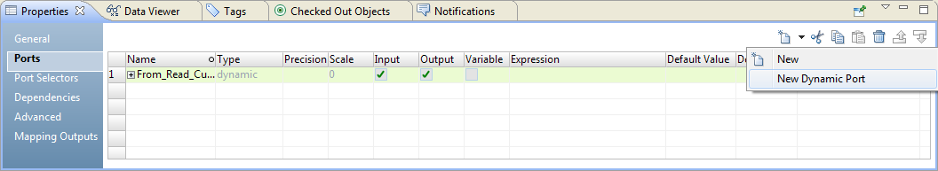  The Ports tab lists the ports in the Expression transformation. The tab contains a New button to create new ports. The tab also shows Cut, Copy, Paste, Delete, Move Up, and Move Down buttons. 
				  