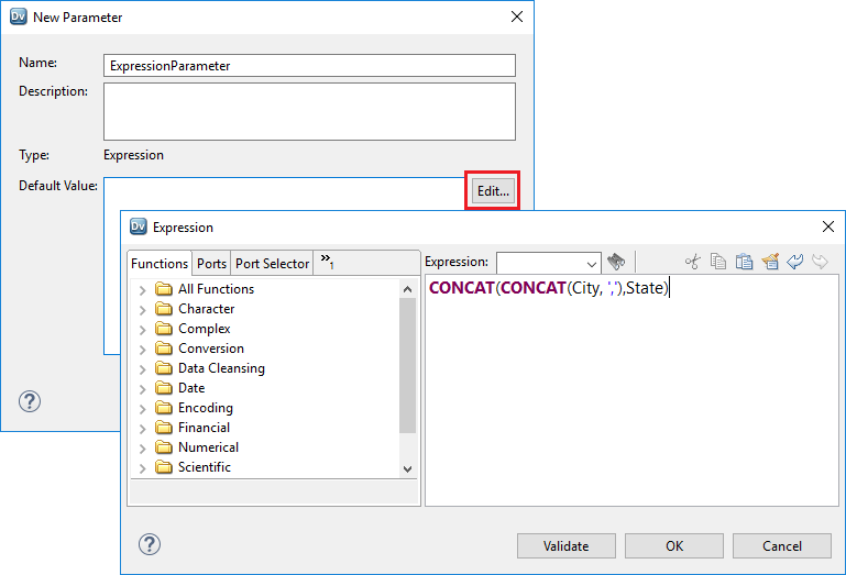 This image shows the New Parameter dialog box and the Expression Editor where you can configure the expression for the parameter. 
			 