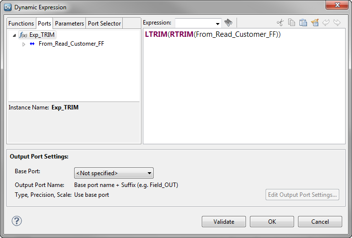 The Ports tab in the Dynamic Expression dialog box lists the ports in the Expression transformation. The Expression editor shows the expression that you entered. The dialog box has an Output Port Settings area where you can configure the output ports. 
				  
