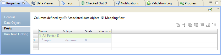 The Ports tab in the Properties view of the Write transformation shows the options that you can choose to define the target columns and also shows the new dynamic port input. 
				  