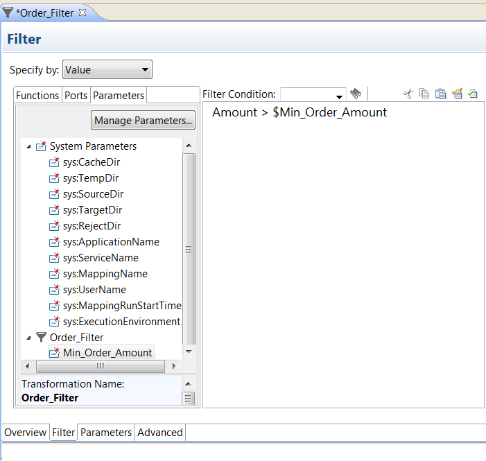  The Expression Editor shows the following expression: Amount > $Min_Order_Amount 
				  