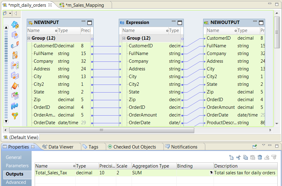 The image shows a mapplet with a input, an output, and an Expression transformation. The mapplet is highlighted. The Outputs view appears at the bottom with the Total Sales Tax output.The Total Sales Tax output is type dcimal, with the precision of 10, and the scale 2. The aggregation type is SUM.
				  