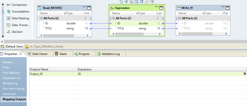 The Mapping Outputs view shows the configured output expression. For the mapping output Output_ID, the output expression is 'ID'. 
		  