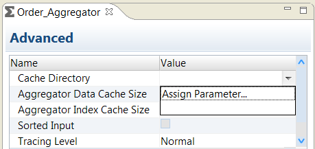 The Advanced tab of the Aggregator transformation has the Cache Directory , Aggregator Data Cache Size, Aggregator Index Cache Size, Sorted Input, and Tracing Level properties. The Cache Directory value contains the Assign Parameter option.
				  
