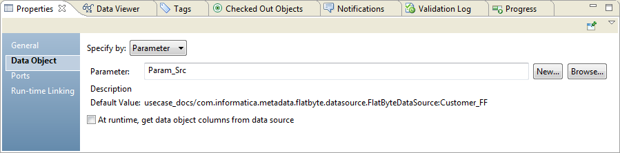 The Data Object tab for the Read transformation specifies to use a parameter for the data object. Param_Src is the name of the parameter. The tab also shows the default value for the parameter. The tab contains an option to get data object columns from the data source at run time. The option is not selected. 
			 