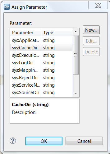 The Assign Parameter dialog box lists system parameters and user-defined parameters. The system parameters have a prefix of sys.
				  