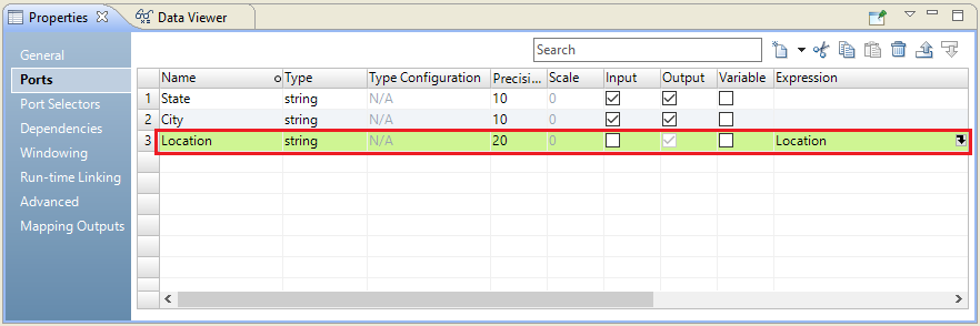 This image shows the Ports tab in an Expression transformation. The Ports tab has three ports, two input ports and one output port. The two input ports are State and City. The output port is Location. 
			 