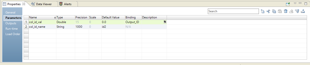 The Parameters view shows the two mapping parameters col_id_val and col_id_name. The parameter col_id_val has the type double, precision set to 15, scale set to 0, default value set to 0.0, and binding set to Output_ID. 
		  