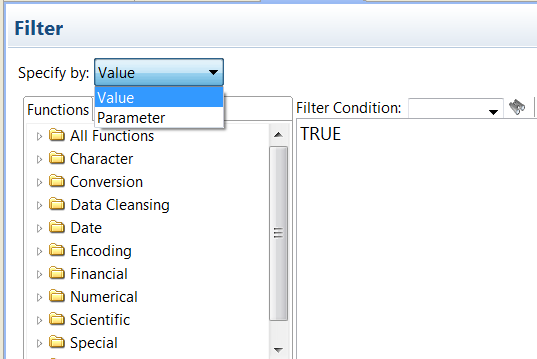 Choose to Specify a filter by Value or by Parameter. The Filter dialog box lists functions you can use in the filter condition and a default filter condtion that says TRUE. 
		  