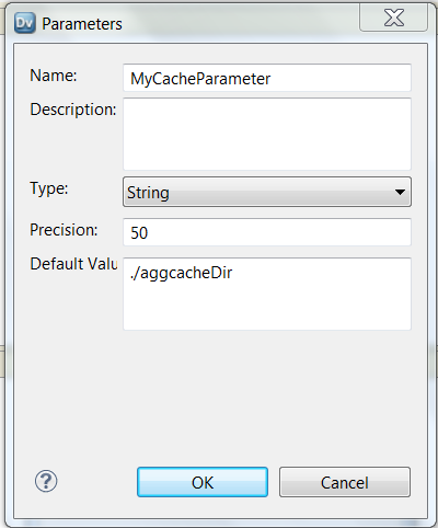 The Parameters dialog box contains the Name, Description, Type, Precision, and Default Value fields.
				  