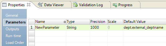 The Parameters tab shows a parameter called NewParameter, type string, precision 1000, default value dept.externam_deptname. 
			 