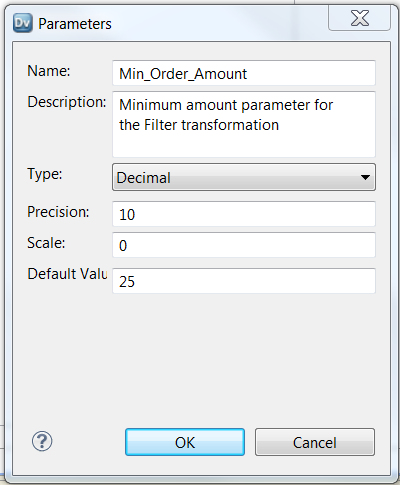The Parameters dialog box has the following fields, Name, Description, Type, Precision, Scale, and Default Value. 
				  