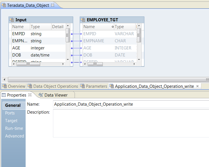 The screenshot shows a data object write operation for a Teradata data object in the object editor. The data object write operation includes two objects: Input and EMPLOYEE_TGT. Input is the input object and EMPLOYEE_TGT is the target object. 
			 