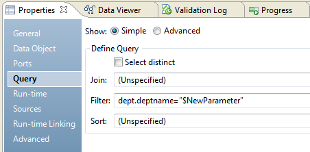 The Query view on the Properties tab for a Hive source contains the following filter: dept.deptname="$NewParameter". Double quotes surround $NewParameter. 
			 