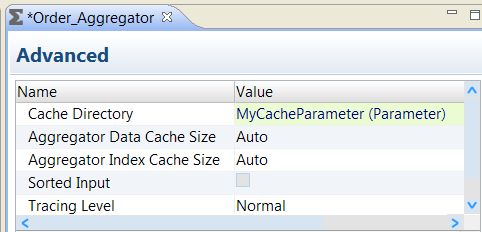 The Cache Directory property contains the MyCacheParameter parameter name and the word "parameter" in parenthesis. 
				  