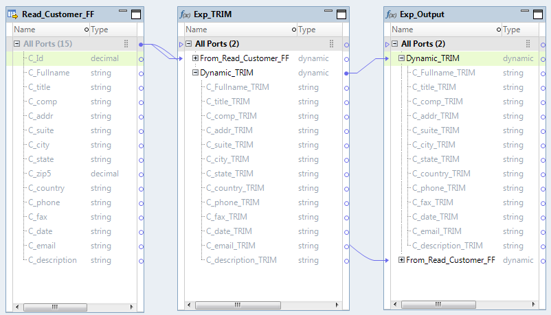 The mapping contains a Read transformation and two Expression transformations. The Exp_TRIM transformation has a dynamic port to receive columns from the Read transformation and a dynamic output port. The Exp_Output transformation has a dynamic port to receive columns from the dynamic output port in the Exp_TRIM transformation and another dynamic port to receive columns from the Read transformation. 
				  