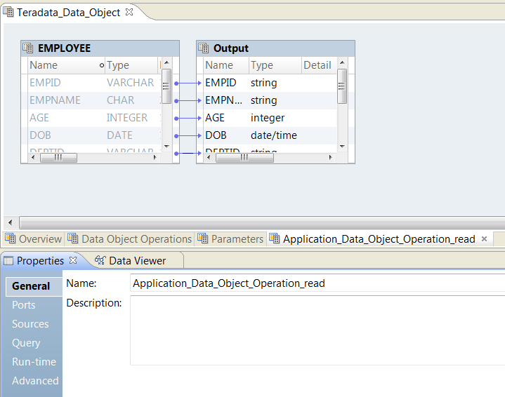 The screenshot shows a data object read operation for a Teradata data object in the object editor. The data object read operation includes two objects: EMPLOYEE and Output. EMPLOYEE is the source object and Output is the output object. 
			 