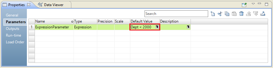 This image shows the Parameter tab of the Properties view for the mapping. The Parameters tab shows the expression parameter with the default value Dept > 2000. 
			 