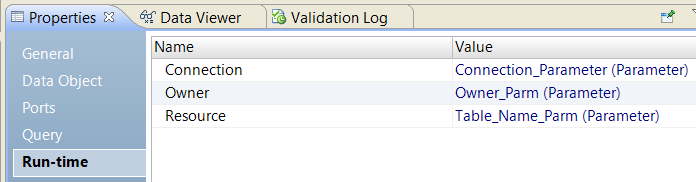 The Run-time tab shows the Connection, Owner, and Resource properties. Each property has a connection parameter name in the Value column. 
		  