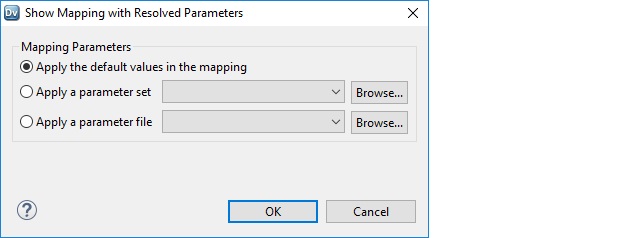 This dialog box shows the options that you can use to resolve mapping parameters. You can select to resolve the parameters using the default values in the mapping, a parameter set, or a parameter file. 
				  