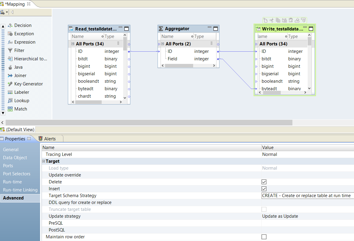 To configure a Write transformation to create or replace the target table at run time, select the option in the Advanced tab. 
						