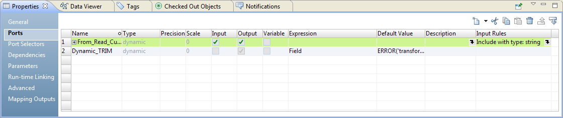  The Ports tab lists the ports in the Expression transformation. The new port Dynamic_TRIM also appears in the list. The tab contains New, Cut, Copy, Paste, Delete, Move Up, and Move Down buttons. 
				  