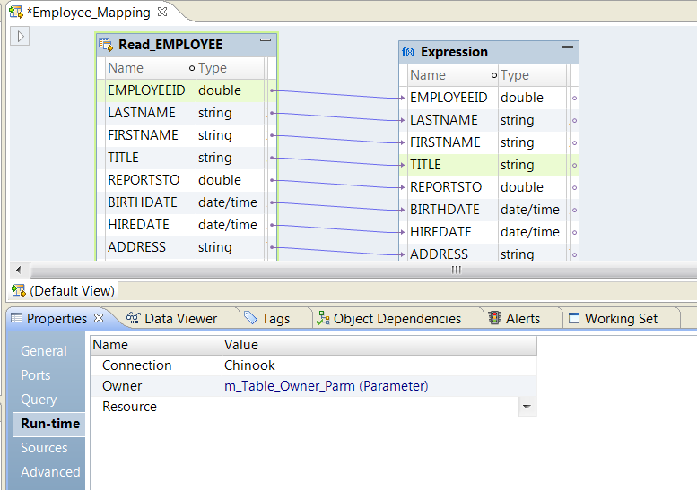 The Run-time tab of a Read transformation is where you assign the Connection, the Owner, and the Resouce name for a relational data object.
		  