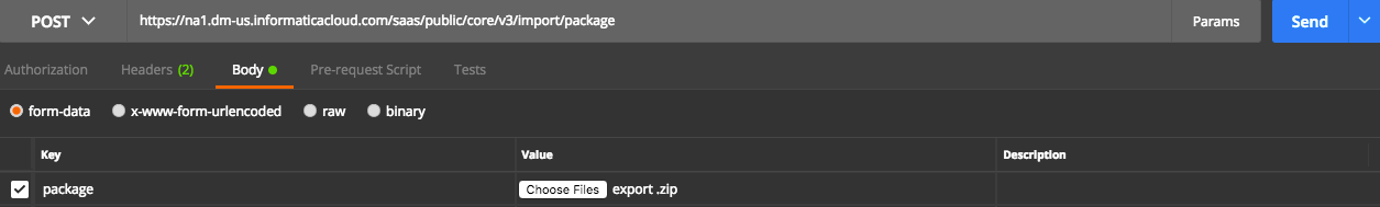 図は、「package」がキーで、export.zipファイルが値のPostmanのPOST要求本文を示しています。 
				