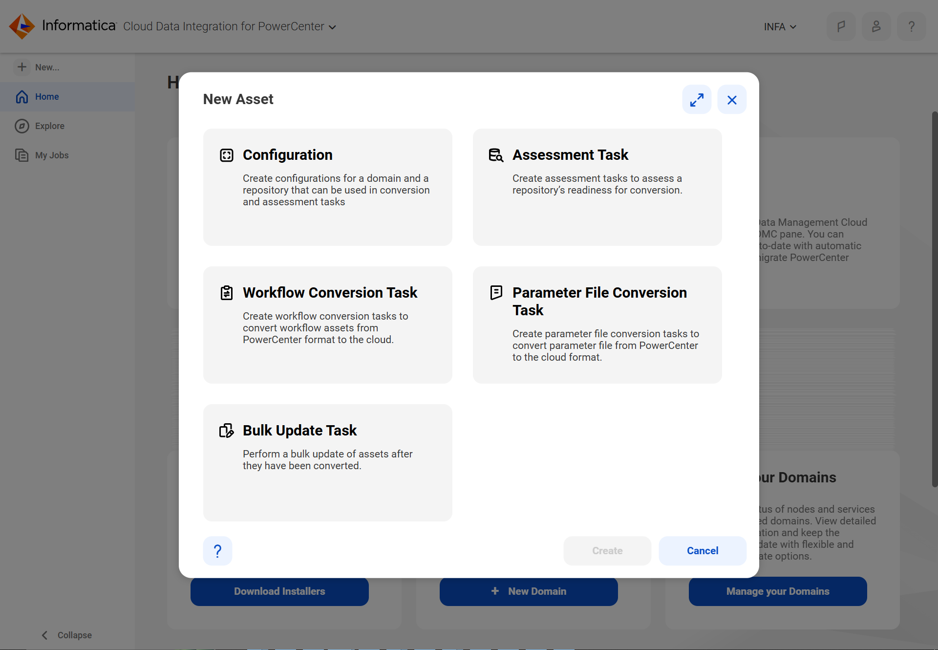 The New Asset dialog box shows all the available options. 