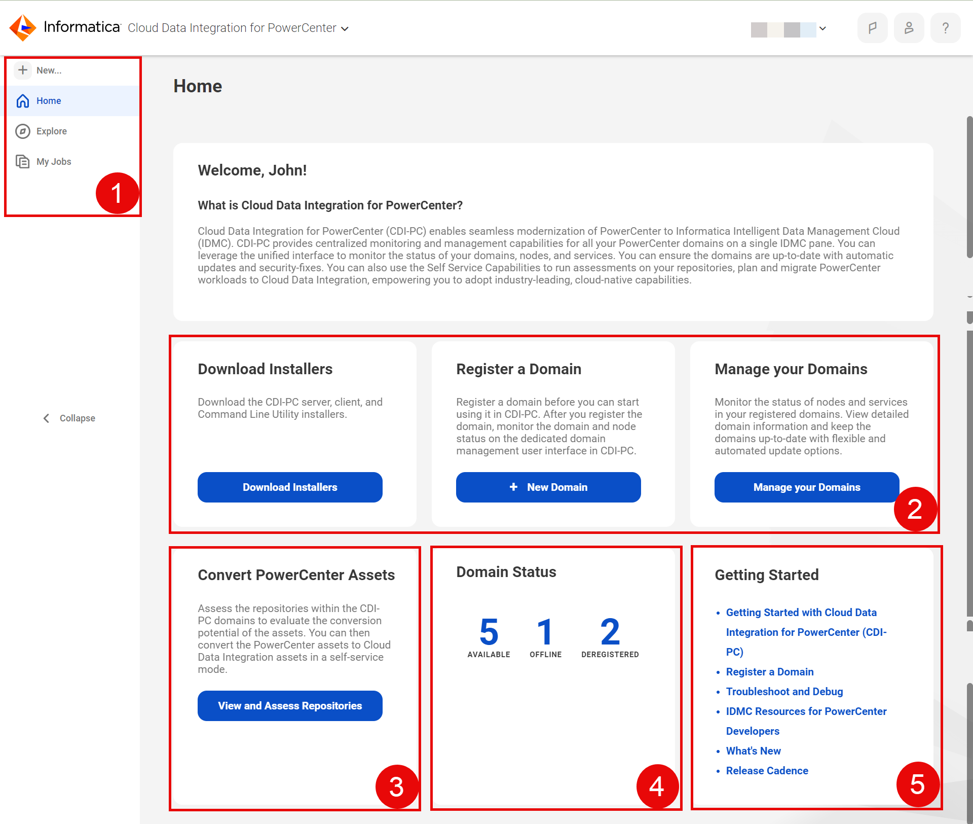 The CDI-PC homepage includes sections to download installers, register a domain, manage domains, view domain status, and convert PowerCenter assets assets in Data Integration. 
		  