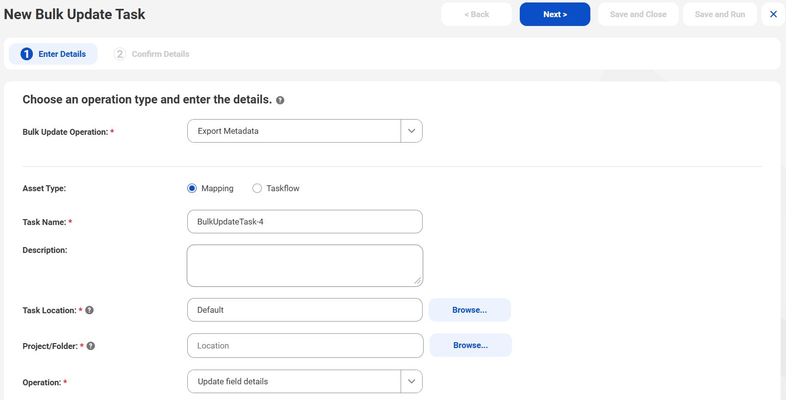 Bulk update task to update the metadata of assets.