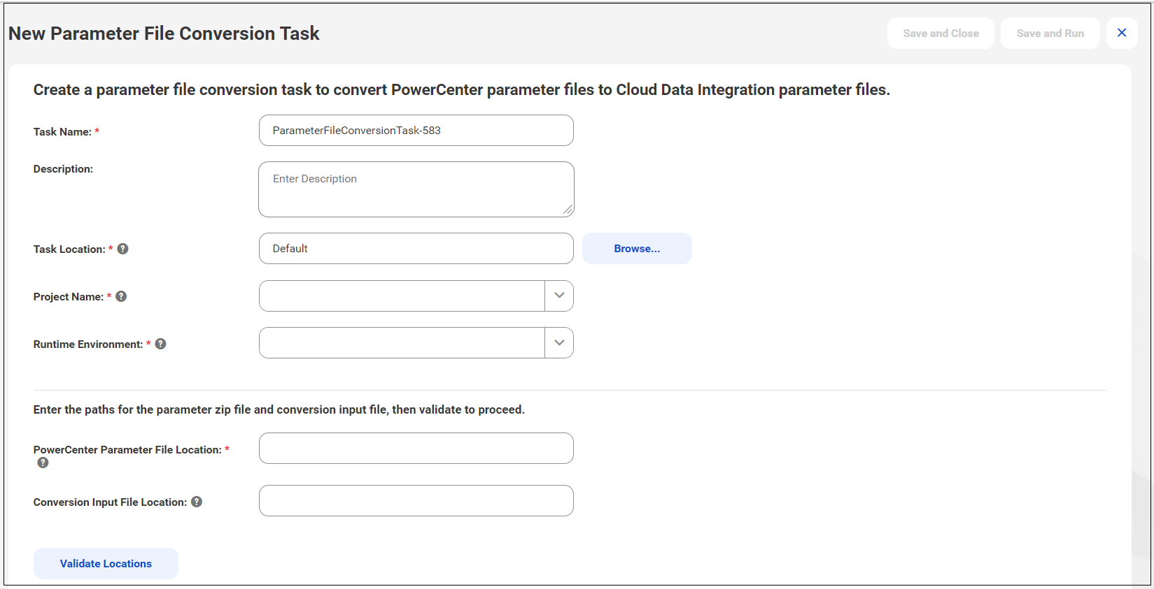 Parameter file conversion task to convert PowerCenter parameter files to Cloud Data Integration files.