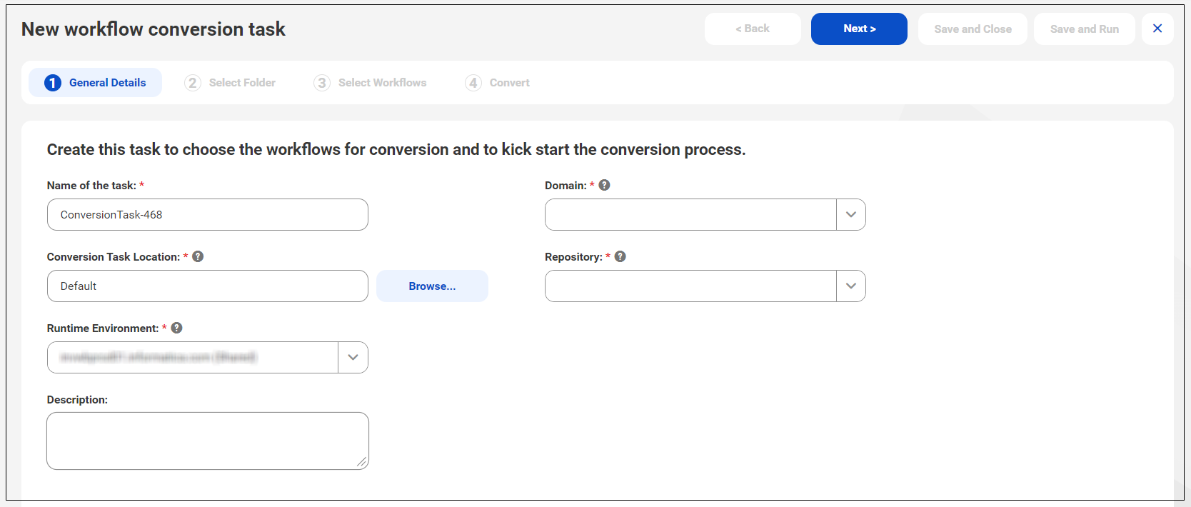 The workflow conversion task page specifies the workflows that you want to convert to Cloud Data Integration. 