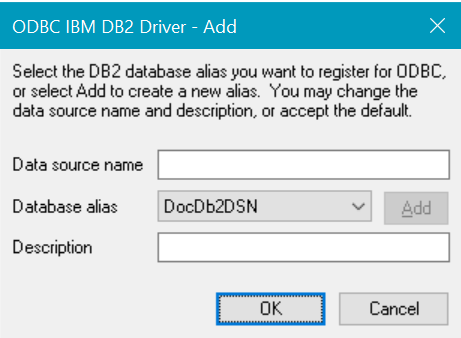 The following image shows the ODBC IBM Data Server Driver - Add dialog box where you can create a data source. 
				  