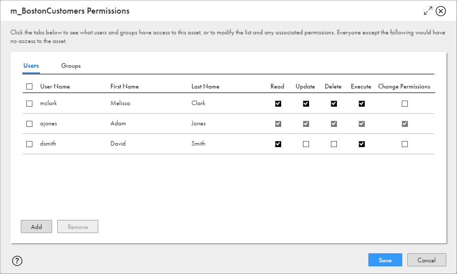 The Permissions dialog box lists the users and groups that have permissions on the object. Users and groups not listed have no permissions on the object. However, if the dialog box lists no users or groups, then there are no permission restrictions on the object. 
				  