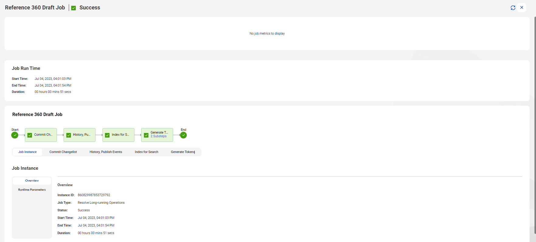 The image shows a sample Reference 360 Draft job with the commit
						changelist, history, publish events, index for search, and generate tokens
						steps in the data flow. 