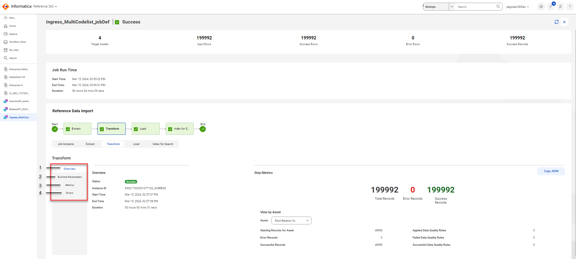 The Job Details page displays the details of a reference data import job,
						such as key metrics, job instance output, and RDM batch flow diagram. 