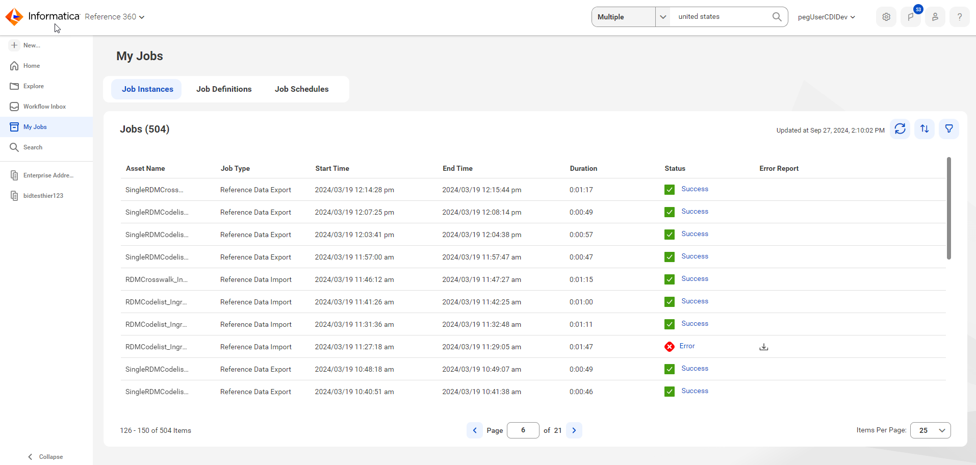 The My Jobs page displays the list of job instances defined in Reference
						360. 