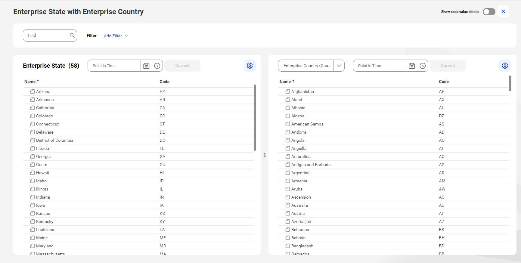 A side-by-side comparison of the Enterprise State and Enterprise Country code lists. 
			 