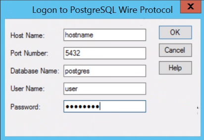 The image shows the User Name and Password fields for the PostgreSQL database. 
				  