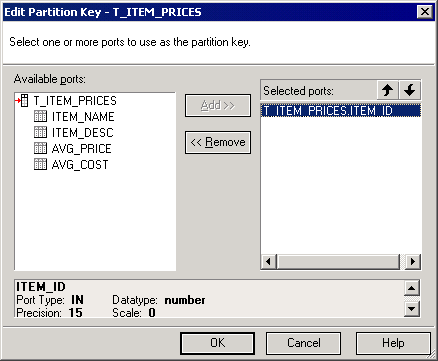 The Edit Partition Key dialog box shows one port selected for the target table T_ITEM_PRICES.
		  
