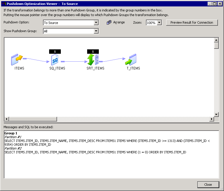 The mapping includes a source, Source Qualifier transformation, Sorter transformation, and target. 