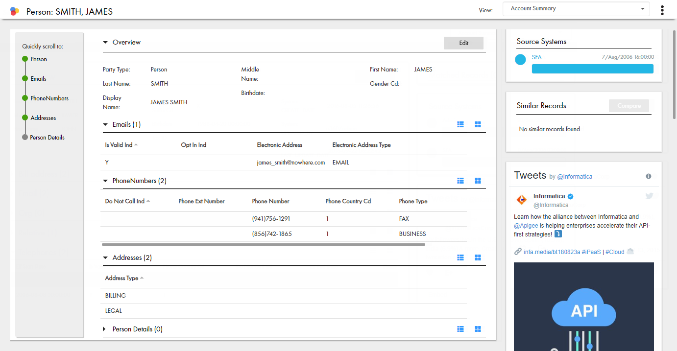 The sample record view contains the Record Details component, the Source Systems component, the Similar Records component, and Twitter feed. 
		  